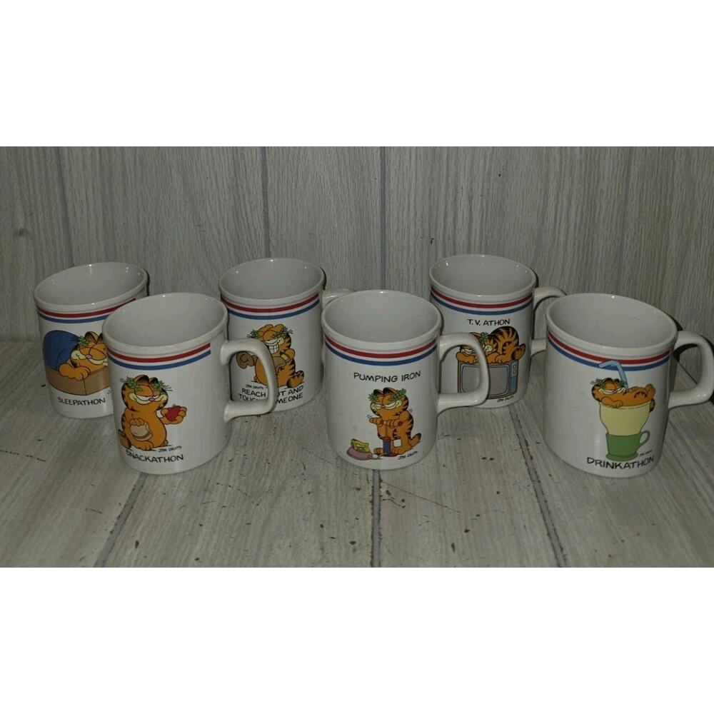 Vtg 1978 Garfield Coffee Mugs 6 SNACKATHON The Games Cats Play Enesco Olympics